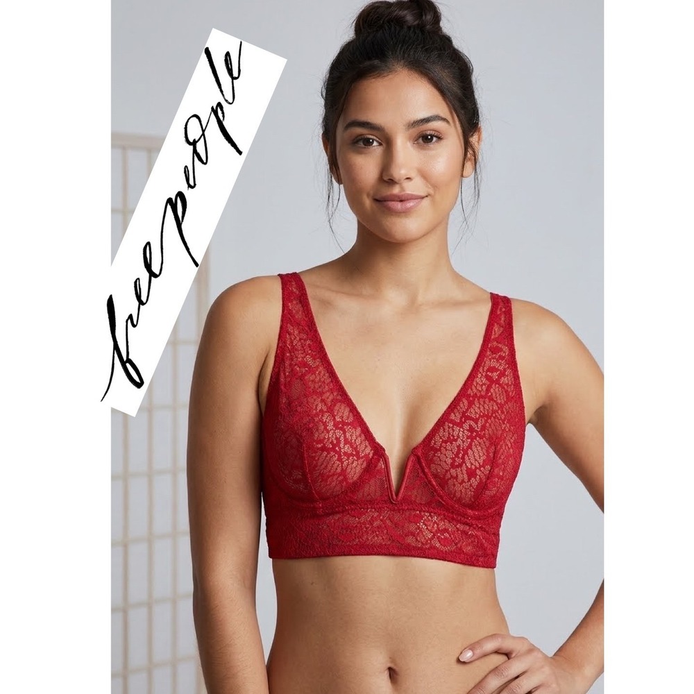 Free People Intimately Red Lace V-Wire Bralette XS Adjustable Straps Whimsical